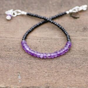 Natural Black Spinel and Amethyst Bracelet Sterling Silver, 7.15" to 7.9"